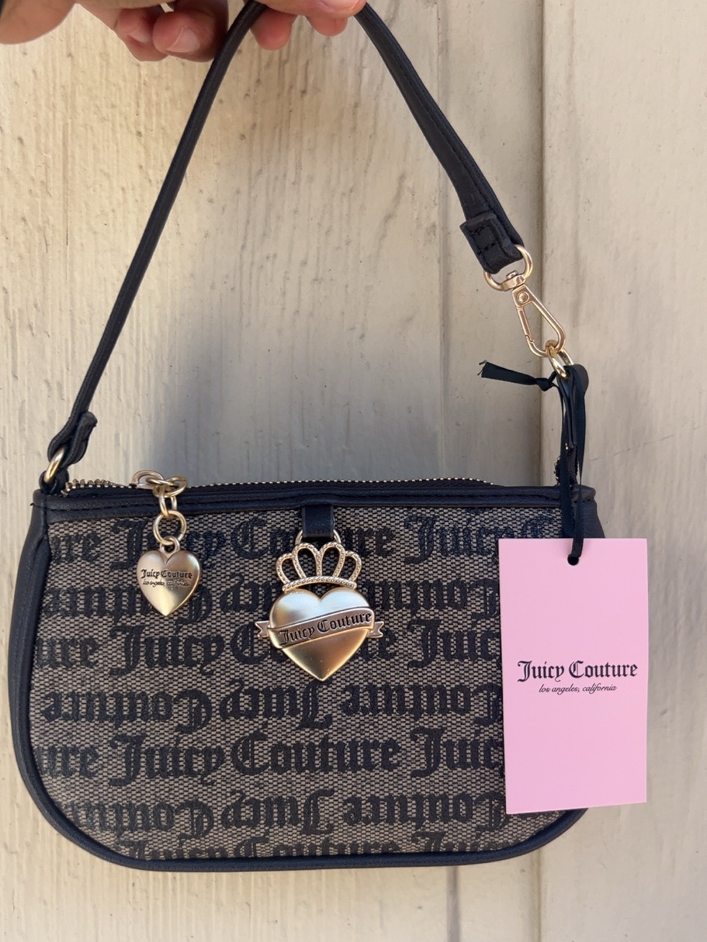 Juicy Couture Brown Logo Mini Shoulder Bag with Gold Heart Crown Charm